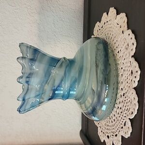 Blue White Clear Swirled Glass Vase with Crimped Edges